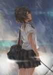  1girl bag black_skirt blouse breasts brown_hair closed_eyes cowboy_shot from_side holding klem medium_breasts medium_hair original profile rain short_sleeves shoulder_bag skirt solo standing umbrella wet wet_clothes wet_hair white_blouse 