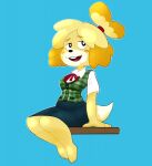  2020 animal_crossing anthro better_version_at_source bf-felz black_eyes blue_background blush bottomwear breasts canid canine canis clothed clothing digital_media_(artwork) dipstick_tail domestic_dog feet female fur hi_res isabelle_(animal_crossing) looking_aside mammal multicolored_tail nintendo open_mouth shih_tzu simple_background sitting skirt smile solo topwear toy_dog video_games yellow_body yellow_fur 