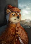 2018 ambiguous_species anthro artist_name background_character better_version_at_source black_nose boat brown_body brown_fur bust_portrait canid canine canis city clothed clothing cloud cloudy day detailed_background doge domestic_dog duo fully_clothed fur furgonomics gondola_(boat) headgear headwear hi_res humor inside inspired_by_proper_art looking_at_viewer male mammal medieval meme orange_clothing portrait red_clothing shiba_inu sky solo_focus spitz standing super_furet tan_body tan_fur text vehicle venice water watercraft whiskers window 