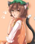  1girl :o animal_ear_fluff animal_ears blush bright_pupils brown_eyes brown_hair cat_ears cat_tail chen commentary_request dress eyebrows_visible_through_hair fang from_side gold_trim hand_up hat highres jewelry looking_at_viewer mob_cap multiple_tails nekomata paw_print pink_background purupurutamago45 red_dress short_hair simple_background single_earring solo tail touhou two_tails upper_body 