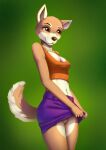  anthro blue_eyes canid canine clothed clothing diboci female fur hi_res mammal multicolored_body multicolored_fur no_underwear simple_background solo tan_body tan_fur two_tone_body two_tone_fur two_tone_tail white_body white_fur white_inner_ear 