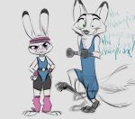  2021 anthro barefoot bottomwear canid canine clothed clothing dipstick_ears disney duo english_text feet fox fully_clothed fur judy_hopps lagomorph leporid looking_at_viewer mammal multicolored_ears nick_wilde qalcove rabbit red_fox shirt shorts simple_background smile standing tank_top text topwear white_background zootopia 