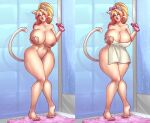  animal_humanoid big_breasts blonde_hair breasts curvy_figure felid felid_humanoid feline feline_humanoid female green_eyes hair hand_on_breast huge_breasts humanoid mammal mammal_humanoid nipples notcuti nude one_eye_closed solo thick_thighs towel towel_only voluptuous 