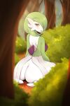  1girl absurdres androgynous ass blush bob_cut bush colored_skin curvy dress feet forest fraankyy from_behind gardevoir gen_3_pokemon green_hair green_skin hair_over_one_eye highres looking_at_viewer looking_back nature open_mouth pokemon red_eyes short_hair sitting sitting_on_floor solo_focus thick_thighs thighs tongue white_dress white_skin wide_hips 
