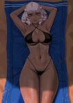  1girl absurdres armpits arms_up beach beach_towel bikini black_bikini breasts brown_eyes commentary dark_skin highres large_breasts league_of_legends looking_at_viewer lyhing lying moonlit navel on_back parted_lips qiyana_(league_of_legends) sand shadow short_hair skindentation smile solo sweat swimsuit thigh_gap thighs towel white_hair 