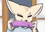  aggressive_retsuko anthro bust_portrait canid canine clothed clothing dildo female fennec fenneko fox front_view holding_dildo holding_object holding_sex_toy looking_at_viewer mammal naughty_face portrait purple_dildo sanrio sex_toy solo tan_body toxoglossa 
