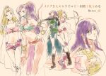  2girls armor blonde_hair breasts cape cleavage closed_mouth crossover faris_scherwiz final_fantasy final_fantasy_iv final_fantasy_v green_eyes long_hair looking_at_viewer multiple_girls ponytail purple_hair rosa_farrell simple_background smile toutoumi 