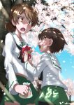  2girls artist_name blush breasts brown_eyes brown_hair cherry_blossoms cherry_tree coffeenougat_1985 eyebrows_visible_through_hair gift girls_und_panzer green_skirt highres isobe_noriko kawanishi_shinobu looking_at_another multiple_girls ooarai_military_uniform open_mouth outdoors pleated_skirt school_uniform shiny shiny_hair short_hair skirt small_breasts white_day yuri 