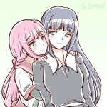  2girls artist_name blue_hair blush braid hands_on_another&#039;s_shoulders long_hair low_ponytail magia_record:_mahou_shoujo_madoka_magica_gaiden mahou_shoujo_madoka_magica multiple_girls nanami_yachiyo pink_hair school_uniform serafuku smile studiozombie tamaki_iroha upper_body yuri 