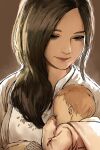  2girls artist_name baby backlighting brown_background brown_hair haraya_manawari highres light_brown_hair mia_winters mother_and_daughter multiple_girls red_lips resident_evil resident_evil_village rosemary_winters signature upper_body 