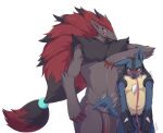  2021 anthro biped blep blue_body blue_fur blush bodily_fluids chest_spike claws collar disiwjd duo finger_claws fur genitals grey_body grey_fur half-erect hand_spike hi_res humanoid_genitalia humanoid_penis inner_ear_fluff leash lucario male nintendo penis pok&eacute;mon pok&eacute;mon_(species) red_claws shaded simple_background size_difference spikes spikes_(anatomy) standing sweat tailwag tears tongue tongue_out tuft video_games white_background yellow_body yellow_fur zoroark 