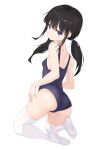  1girl absurdres ass avant_garde_(artist) black_hair blue_eyes blue_swimsuit breasts feet from_behind full_body highres kneeling legs long_hair looking_back one-piece_swimsuit original school_swimsuit see-through simple_background small_breasts soles solo swimsuit thighhighs thighs toes twintails white_background white_legwear 