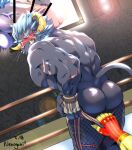  anthro assisted_exposure audience blush cellphone fighting_ring flaccid genitals group jumbotron krampus_(housamo) lupus5903 male monster muscular muscular_anthro muscular_male penis phone public smartphone tokyo_afterschool_summoners video_games 