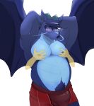  absurd_res anthro belly big_bulge blue_body blue_eyes blue_hair blue_scales blush boxer_briefs boxers_(clothing) bulge christopher_wyvern clothing disembodied_hand dragon eyepatchedfloof genital_outline grope groping_breasts groping_from_behind hair hands_behind_head hi_res horn looking_at_viewer male membrane_(anatomy) membranous_wings musclegut nipple_piercing nipples overweight pecs penis_outline piercing pose pubes red_clothing scales scalie slightly_chubby solo text text_on_clothing underwear wings 