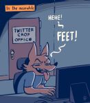  anthro canid canine clothed clothing dark_room desktop digital_media_(artwork) english_text eyebrows fox fox-pop fur grin horny_jail keyboard male mammal narrowed_eyes office open_mouth orange_body orange_fur sitting smile snaggle_tooth solo squint text tongue tongue_out topwear twitter typing 