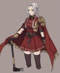  1girl blonde_hair breasts cape closed_mouth cravat cropped_legs dress edelgard_von_hresvelg fire_emblem fire_emblem:_three_houses gloves hair_ornament hair_ribbon highres light_smile long_hair long_sleeves looking_at_viewer nanao_parakeet purple_eyes red_cape ribbon simple_background skirt smile solo sword thighhighs weapon white_hair 