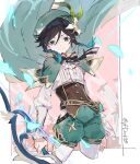  1boy androgynous argyle argyle_legwear bangs beret black_hair blue_hair bow bow_(weapon) braid brooch cape closed_mouth collared_cape commentary_request corset feathers flower frilled_sleeves frills gem genshin_impact gradient_hair green_eyes green_headwear green_shorts hair_flower hair_ornament hat highres holding holding_bow_(weapon) holding_weapon jewelry leaf long_sleeves looking_at_viewer male_focus multicolored_hair pantyhose pinwheel shirt short_hair_with_long_locks shorts smile solo twin_braids type-alpha venti_(genshin_impact) vision_(genshin_impact) weapon white_flower white_legwear white_shirt 