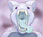  abstract_background ambiguous_gender anthro blue_tongue bodily_fluids bust_portrait excessive_saliva fur gaping_mouth gradient_background grey_body grey_fur looking_at_viewer mammal mouth_shot no_pupils open_mouth portrait purple_eyes rico_akins saliva saliva_on_tongue saliva_string sharp_teeth simple_background solo teeth tongue tongue_out white_body white_fur 