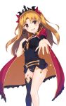  1girl bangs black_hair black_legwear black_leotard blonde_hair cape commentary_request earrings ereshkigal_(fate) eyebrows_visible_through_hair fate/grand_order fate_(series) hair_ribbon hand_on_own_chest jewelry leotard long_hair looking_at_viewer miyazakit open_mouth orange_cape outstretched_arm parted_bangs red_cape red_eyes red_ribbon ribbon simple_background single_thighhigh smile solo standing thighhighs tiara two-sided_cape two-sided_fabric two_side_up white_background 