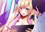  1boy 1girl bangs black_hair blonde_hair blue_eyes blurry blurry_background blush breast_tattoo breasts cleavage clipboard close-up collarbone come_hither commentary_request demon_girl demon_horns demon_tail demon_wings eyebrows_visible_through_hair eyelashes faceless faceless_male fang fumihiko_(fu_mihi_ko) heart heart_tail holding holding_clipboard holding_pen hololive horns indoors large_breasts leaning_forward nail_polish open_clothes open_mouth open_shirt pen pink_nails pointy_ears seductive_smile shiny shiny_hair shiny_skin shirt short_hair sidelocks sleeveless sleeveless_shirt smile sweatdrop swept_bangs tail tail_around_head tail_wrap tattoo virtual_youtuber white_shirt winged_heart wings yuzuki_choco 