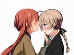  2girls ahoge bangs black_jacket black_ribbon blue_shirt blush braid braided_ponytail brown_jacket closed_eyes closed_mouth commentary dress_shirt eyebrows_visible_through_hair forehead_kiss frown green_neckwear grey_sweater hair_ribbon hand_on_another&#039;s_face highres jacket kiss long_hair looking_at_another lynette_bishop military military_uniform multiple_girls necktie necktie_grab neckwear_grab patricia_schade red_hair ribbon shirt simple_background single_braid strike_witches sweatdrop sweater tamasaki_tama uniform white_background white_shirt world_witches_series yuri 