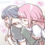  2girls artist_name back_kiss blue_hair blush braid closed_eyes covering_mouth heart long_hair low_ponytail magia_record:_mahou_shoujo_madoka_magica_gaiden mahou_shoujo_madoka_magica multiple_girls nanami_yachiyo pink_hair spoken_heart studiozombie tamaki_iroha yuri 