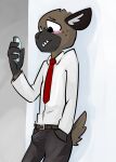  aggressive_retsuko anthro aroused belt blush bottomwear clothed clothing dress_shirt erection erection_under_clothing fully_cothed haida hand_in_pocket holding_object holding_phone hyaenid male mammal necktie pants phone pockets sanrio shirt solo spotted_hyena standing topwear toxoglossa 