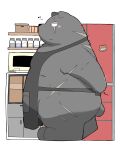  2021 anthro apron biped black_body black_fur black_nose blush clothing fur gayousi7 hi_res inside kemono kitchen mammal overweight scar solo ursid 