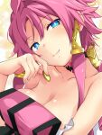  1girl blue_eyes blush braid breasts cleavage disgaea hair_between_eyes hair_ornament iwashi_dorobou_-r- large_breasts looking_at_viewer makai_senki_disgaea_4 pink_hair short_hair sidelocks single_braid smile solo upper_body vulcanus_(disgaea_4) 