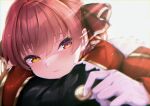  1girl bangs black_sleeves blurry blurry_background blurry_foreground buttons commentary_request gloves hair_ribbon hand_on_own_shoulder head_on_arm heterochromia highres holding hololive houshou_marine kakikurui light_smile looking_at_viewer red_eyes red_hair ribbon shaded_face short_hair solo virtual_youtuber white_background white_gloves yellow_eyes 