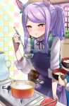  1girl absurdres alternate_hairstyle animal_ears blue_ribbon blurry blurry_background blush bowl closed_mouth commentary_request cooking depth_of_field ear_ribbon food hand_up highres holding holding_bowl horse_ears indoors ladle long_sleeves mejiro_mcqueen_(umamusume) nanahone neck_ribbon out_of_frame ponytail purple_apron purple_eyes purple_hair purple_ribbon ribbon shirt smile solo_focus stove tile_wall tiles umamusume white_shirt wooden_spoon 