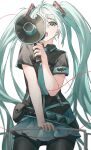  1girl absurdres aqua_eyes aqua_hair aqua_nails aqua_neckwear aqua_skirt armband azusa_(azunyan12) belt black_legwear black_shirt broken cable commentary cowboy_shot hair_ornament handrail hatsune_miku highres holding holding_megaphone koi_wa_sensou_(vocaloid) logo long_hair looking_at_viewer megaphone miniskirt nail_polish necktie one_eye_covered open_mouth pleated_skirt shirt short_sleeves skirt solo standing supercell twintails very_long_hair vocaloid white_background 