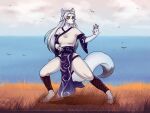  accessory anthro asian breasts butt canid canine canis clothed clothing cloud costume digital_media_(artwork) east female fluffy full-length_portrait fur grass hair jewelry kana mammal markings narikusha oriental outside paws plant portrait sea simple_background sketch solo water wolf 