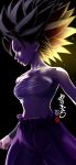 1girl absurdres amaguchi_chiyoko backlighting bare_shoulders belt black_background black_eyes black_hair caulifla clenched_hand collarbone dragon_ball dragon_ball_super grin highres looking_to_the_side midriff pants purple_pants sleeveless smile solo spiked_hair tape translation_request 