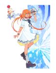  1girl blue_eyes boybun choker dress highres jewelry keyblade kingdom_hearts long_hair looking_at_viewer necklace red_hair shoes simple_background smile socks solo strelitzia_(kingdom_hearts) white_dress 