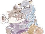  2021 angry anthro bottomwear brown_body brown_fur clothing domestic_cat duo felid feline felis fur hoodie japanese_text kemono kensuke_shibagaki_(odd_taxi) male mammal natsumeggggg odd_taxi pants shirt simple_background slightly_chubby suid suina sus_(pig) tanaka_(odd_taxi) text topwear white_background wild_boar 