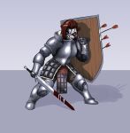  absurd_res ailurid angry anthro armor arrow battle blizzard_entertainment blood bodily_fluids brown_body brown_fur brown_hair fangs female fight fur fur_collar guard hair hi_res knight mammal markings melee_weapon muscular muscular_anthro muscular_female pandaren plate_armor red_panda red_pandaren shield simple_background solo sword thecumrat ursid video_games warcraft warrior weapon white_body white_fur 