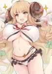 1girl :d ahoge anila_(granblue_fantasy) artist_request bangs belly_chain bikini blonde_hair blunt_bangs blush breasts cleavage cropped_legs detached_sleeves draph eyebrows_visible_through_hair frilled_bikini frills granblue_fantasy hair_ornament hikimayu horns huge_breasts jewelry layered_bikini long_hair navel open_mouth outstretched_arms sheep_horns smile solo sparkle spread_arms swimsuit underboob very_long_hair wavy_hair yellow_eyes 