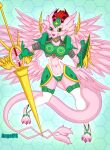  angelfs anthro anthrofied armor bandai_namco breastplate breasts claws clothed clothing digimon digimon_(species) dragon feathered_wings feathers female fur furred_dragon green_eyes hi_res horn legwear magnadramon melee_weapon midriff multi_wing pink_body pink_claws pink_fur polearm shield simple_background solo spear weapon wings 