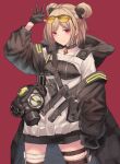  1girl absurdres breasts choker collarbone double_bun gas_mask girls_frontline gloves highres light_brown_hair medium_breasts mnetyara p90_(girls_frontline) red_eyes short_hair 