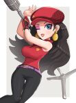  1girl absurdres black_hair black_pants blue_eyes breasts earrings eyeshadow gloves gonzarez highres jewelry large_breasts looking_at_viewer makeup mario_(series) mario_golf microphone_stand one_eye_closed open_mouth pants pauline_(mario) purple_belt red_lips red_shirt shirt single_glove smile 