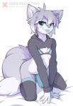  anthro artsu_(artsu) bed blue_eyes blue_tongue canid canine clothing fluffy fluffy_tail fox furniture genitals girly hair hi_res knee_highs kneeling legwear lingerie male mammal naika penis short_hair solo tongue 