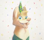  2021 blue_eyes canid canine canis clothing confetti dingo fangs fur hat head_tuft headgear headwear hi_res looking_at_viewer mammal open_mouth open_smile party_hat ribbontini signature simple_background smile solo teeth tongue tongue_out tuft white_background 
