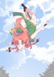  1girl absurdres beret blue_sky braid china_dress chinese_clothes day dress falling green_dress green_eyes green_headwear hat highres hong_meiling long_hair non_(z-art) outdoors pelvic_curtain red_hair side_braid sky sleeveless smile touhou twin_braids 