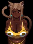  1girl absurdres animal_ear_fluff breasts brown_eyes brown_hair cleavage curvy dark-skinned_female dark_skin emoji eyebrows fluff highres huge_breasts kevbot looking_at_viewer meme_attire mole mole_under_eye original panties ponytail_cat_girl_(kevbot) smile tank_top thick_eyebrows underwear yellow_panties 