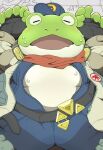  anthro belly bodily_fluids clothed clothing embarrassed fingerless_gloves gloves handwear jumpsuit lying male moobs nintendo on_back open_clothing overweight slippy_toad star_fox sweat toad_(disambiguation) video_games wnhr08 