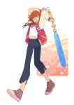  1girl boybun green_eyes highres jacket keyblade kingdom_hearts letterman_jacket looking_at_viewer olette pants red_hair shirt shoes short_hair simple_background smile solo white_shirt 