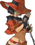  1girl black_gloves black_hair breasts cleavage fingerless_gloves gloves green_eyes guilty_gear guilty_gear_strive hat highres i-no jacket looking_at_viewer midriff red_headwear red_jacket short_hair smirk sunglasses uncle_rabbit_ii witch_hat 
