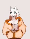  anthro bovid breasts bust_portrait caprine clothed clothing female fishnet_bra floppy_ears fur goat green_eyes hi_res horizontal_pupils horn jacket lost-paw mammal nipples open_mouth portrait pupils simple_background skimpy smile solo topwear vanilla_(buta99) white_body white_fur 