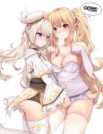  2girls ass asymmetrical_docking bangs bare_shoulders black_shorts blonde_hair blue_eyes blush breast_press breasts chukibabo2 cleavage commission elbow_gloves eyebrows_visible_through_hair frilled_shirt frilled_sleeves frills gloves hair_between_eyes hand_on_another&#039;s_hip hat hat_feather highres korean_text long_hair long_sleeves looking_at_another medium_breasts micro_shorts multiple_girls nose_blush obi original paw_pose platinum_blonde_hair pointy_ears puffy_long_sleeves puffy_sleeves red_eyes sash shirt short_shorts shorts shrug_(clothing) side_slit simple_background strapless_shirt thighhighs thighs twintails very_long_hair white_background white_gloves white_headwear white_legwear white_shirt white_shorts wide_sleeves yuri 
